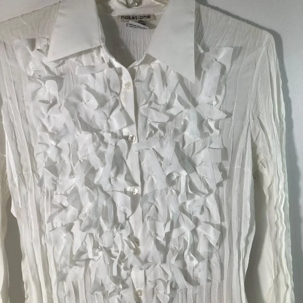 Womens Vintage Notations Crinkle Bow Bead‎ Button Shirt Bell Sleeve M White - Picture 4 of 9